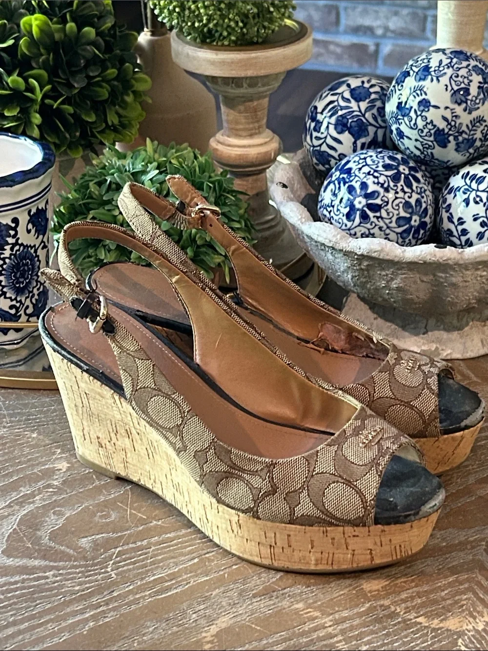 Coach Tan Signature Canvas Peep-Toe Slingback Wedge Espadrille Sandals 8